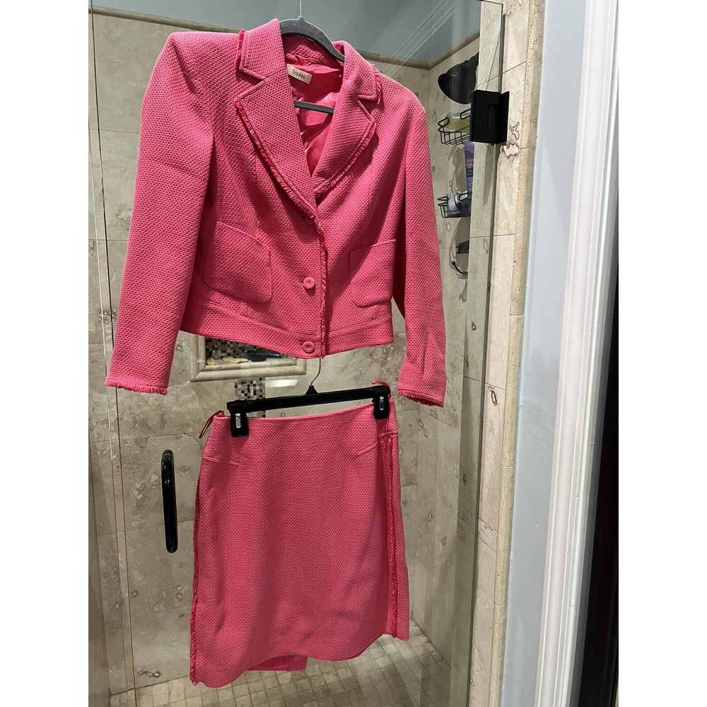 VINTAGE LAUREL BY ESCADA 36 2 PIECE SKIRT SUIT Coral Pink Cotton Fringe